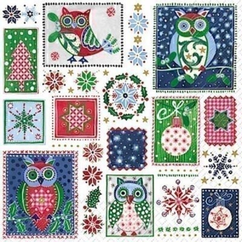Blue Owl Ludovico Christmas Napkins by Stewo. 20 napkins in pack. 3 ply. 33x33cm. Environmentally friendly cellulose printed with water-based inks.